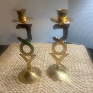 Vintage Silver International Brass Christmas Joy Candle Holders Set 2